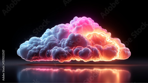 Glowing cloud formation with pink and orange hues against a dark background and reflective surface