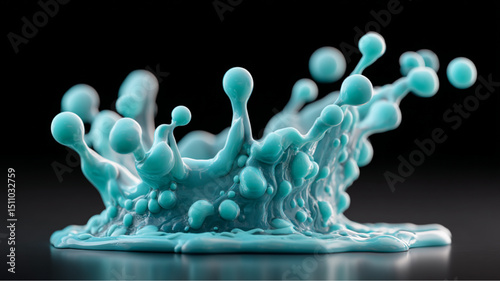 Close up of a turquoise liquid splash with droplets and a dark background in a studio setting