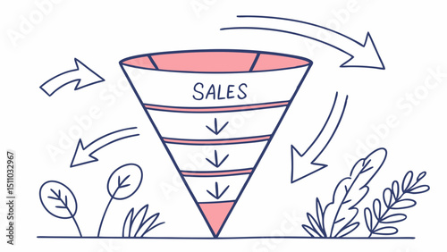 Sales funnel diagram with arrows and plants in hand-drawn style  