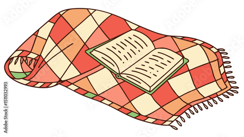 Book lying on a cozy quilted blanket with a checkered pattern  