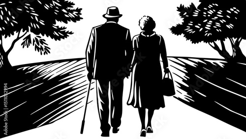 Elderly couple walking together on a path surrounded by trees  