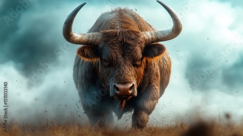 A powerful bull emerging from mist, representing strength, resilience, and the raw beauty of nature, harmonizing the wild with a serene atmospheric essence.