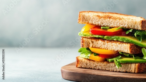 A stacked toasted sandwich filled with colorful layers of fresh vegetables like lettuce, peppers, and avocado, capturing a healthy and appetizing meal idea. photo