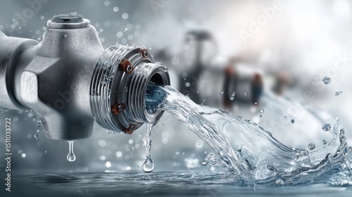 Close-up of metallic water pipe valve with strong water flow and industrial plumbing background, Generative AI