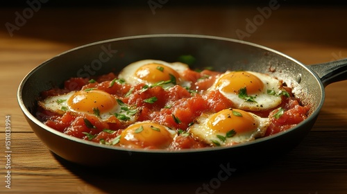 A delicious view of eggs frying in rich tomato sauce in a skillet presents a comforting meal, rich in textures and vibrant colors that ignite culinary passion.