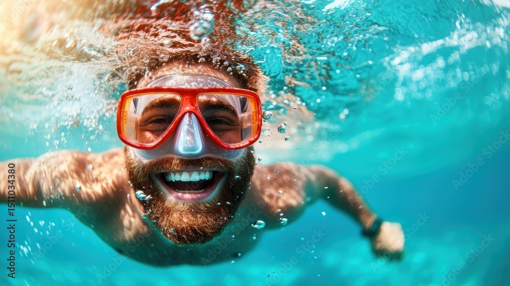 Naklejka premium A joyful man swimming underwater, showcasing the thrill of aquatic adventures and the joy that comes from embracing nature and water activities with friends.