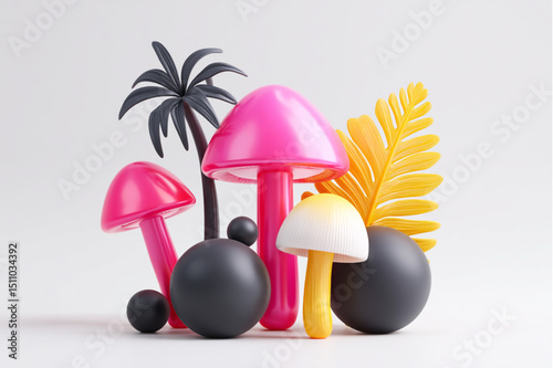 A whimsical arrangement of mushrooms spheres and a palm tree against a white background art piece