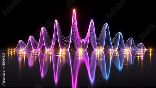Absract purple and blue wave form with reflections on a shiny black surface with yellow light dots