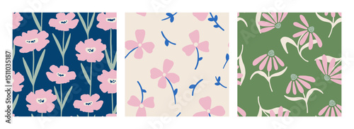 Collection of hand drawn seamless patterns with abstract floral motifs. Vector endless background with vibrant flowers for summer design, wallpaper, textile. Cute charming botanical illustration
