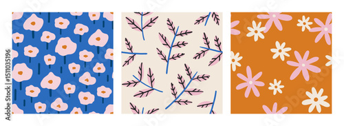 Collection of hand drawn seamless patterns with abstract floral motifs. Vector endless background with vibrant flowers for summer design, wallpaper, textile. Cute charming botanical illustration