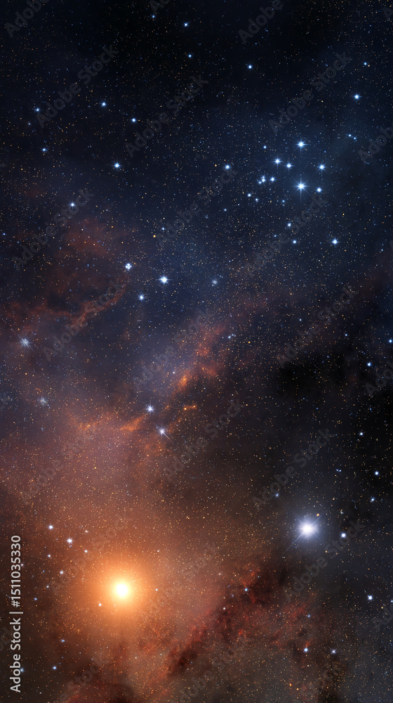 Fototapeta premium Cosmic scene with orange and blue nebulae, bright stars, and dark space background, representing the vastness and beauty of the universe, ideal for space-themed designs
