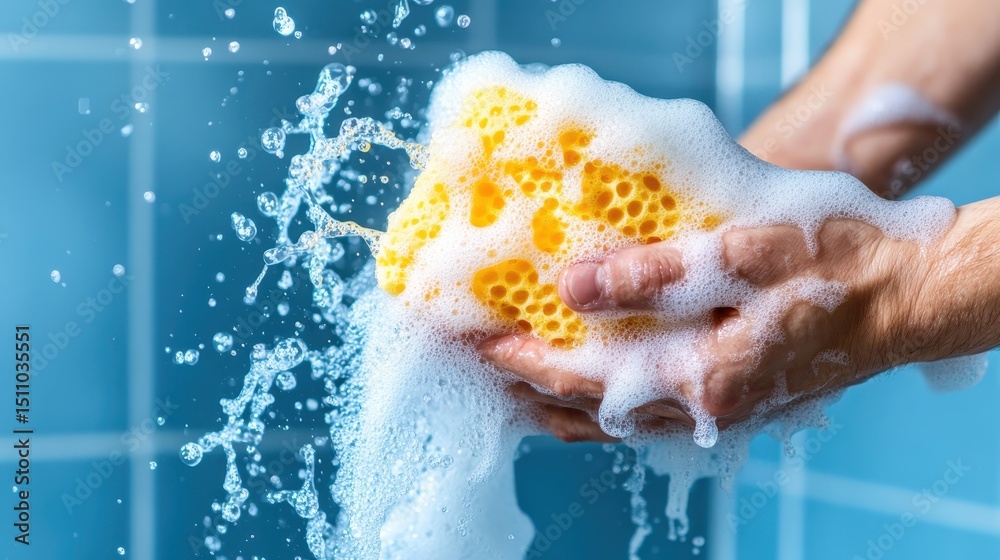 Fototapeta premium The image features hands washing a yellow sponge, surrounded by bubbles, illustrating the concept of cleanliness and the effort put into maintaining orderly environments.