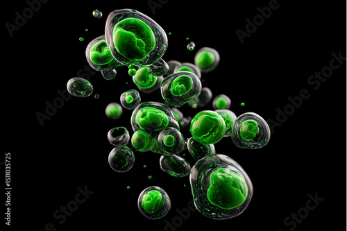 A cluster of translucent spheres containing green structures on a stark black background creating contrast