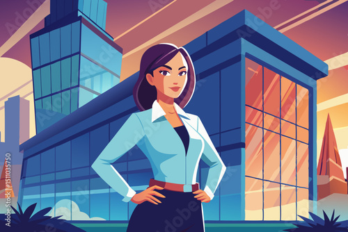 Young businesswoman standing in front of glass building at dawn - determination, confidence, development