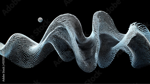 Abstract wave formed by white dots with a sphere on a black background in a digital rendering