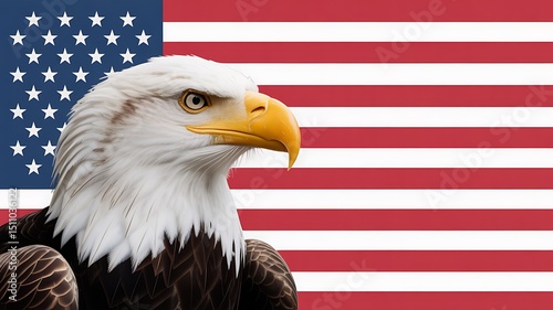 A bald eagle portrait against the american flag with stars and stripes backdrop photo