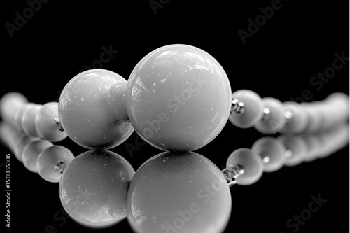 Close up of a pearl necklace with a reflection on a black surface showing the beads and connectors