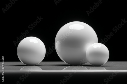 Three white spheres of different sizes arranged on a reflective surface against a black background