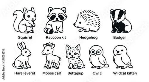 Line style icons of baby forest animals: squirrel baby, raccoon kit, hedgehoglet, badger cub, hare leveret, moose calf, lynx kitten, beaver pup, owl chick, wildcat kitten.