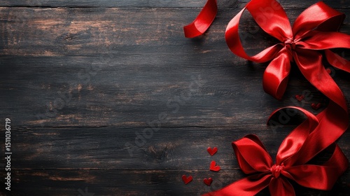 This image showcases two vibrant red bows and small hearts on a dark wooden surface, perfect for conveying love and celebration in gift wrapping.