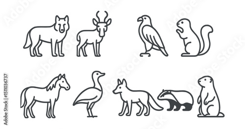 Line style icons of animals in the steppe biome: wolf, saiga antelope, steppe eagle, ground squirrel, wild horse, bustard, fox, badger, vole, marmot.