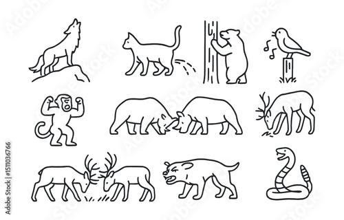 Line style icons of territorial and dominance behaviors: wolf howling on hill, cat spraying, bear marking tree, bird song post, monkey threat display, rhino horn clash, deer marking ground, dog