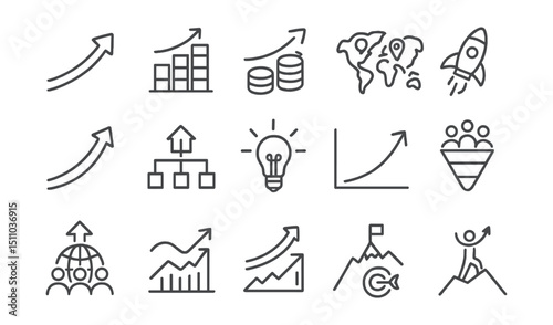 Line style icons of company growth: growth arrow, company chart, profit rise, expansion map, scale up, new branches, innovation boost, growth curve, sales funnel, customer base, ROI increase, upward