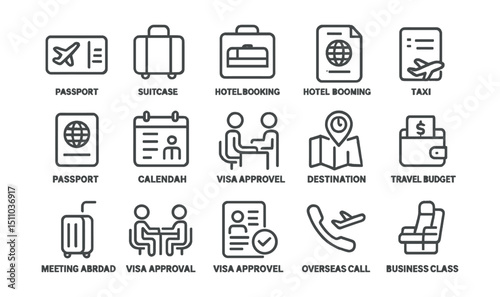 Line style icons of business travel: airplane ticket, suitcase, hotel booking, travel itinerary, business passport, travel calendar, airport check-in, taxi icon, boarding pass, destination map, local