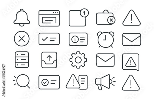 Line style icons of notifications and alerts: alert bell, pop-up window, badge counter, toast alert, warning message, error icon, success message, info alert, reminder clock, inbox icon, notification