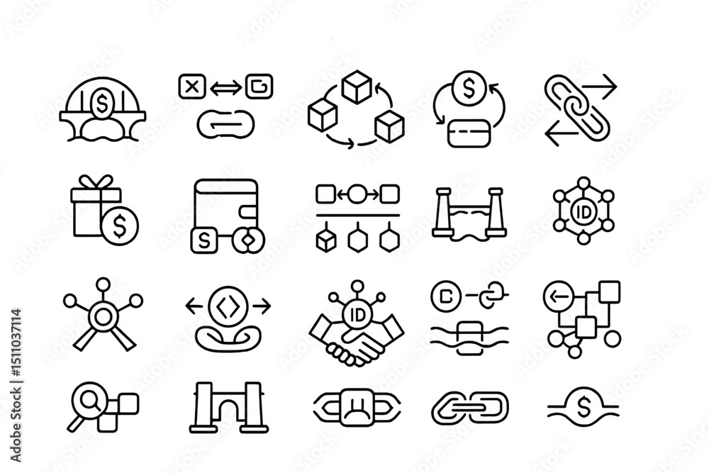 Line style icons of cross-chain and interoperability: bridge token, cross-chain icon, interoperable protocol, token transfer, chain switch, wrapped asset, multi-chain wallet, unified balance, Line style icons of cross-chain and interoperability: bridge token, cross-chain icon, interoperable protocol, token transfer, chain switch, wrapped asset, multi-chain wallet, unified balance,