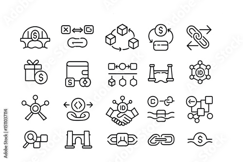 Line style icons of cross-chain and interoperability: bridge token, cross-chain icon, interoperable protocol, token transfer, chain switch, wrapped asset, multi-chain wallet, unified balance,