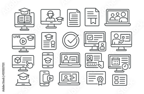 Line style icons of online education: e-learning platform, online class, video lesson, course catalog, virtual classroom, live webinar, digital diploma, course progress, online quiz, recorded lecture