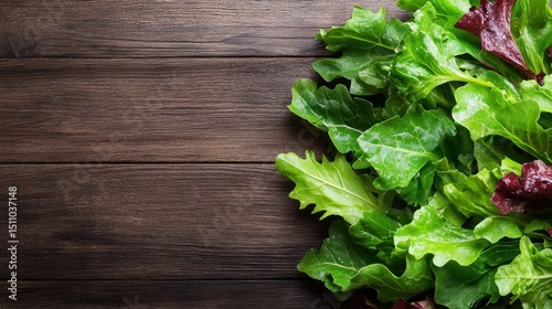 A vibrant mix of fresh green salad leaves displayed over a rustic wooden surface, embodying the essence of healthy eating and the pleasure of incorporating fresh ingredients into meals. photo