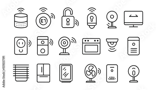 Line style icons of smart home devices: smart speaker, smart thermostat, smart lock, smart light bulb, smart plug, video doorbell, smart camera, smart TV, robot vacuum, smart fridge, smart oven,