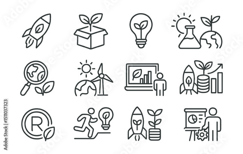 Line style icons of sustainable innovation: green startup, eco prototype, sustainable idea, clean energy lab, environmental R&D, climate tech, renewable prototype, green investment, green IP,