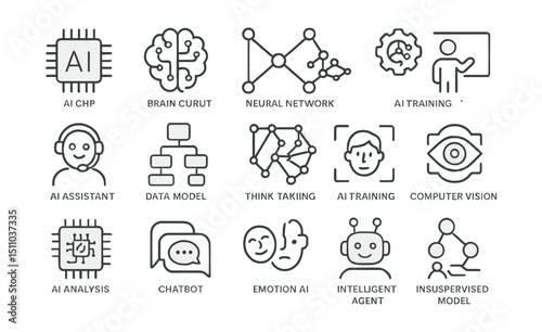 Line style icons of artificial intelligence: AI chip, brain circuit, neural network, machine learning, AI assistant, data model, smart algorithm, AI training, deep learning, AI ethics, facial