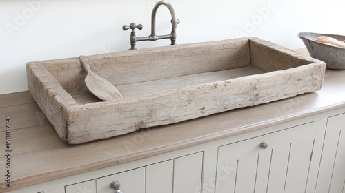 A wooden sink with a wooden handle is placed on a counter. The sink is quite large and has a rustic, natural look to it. The wooden handle adds to the overall aesthetic of the sink, giving it a warm