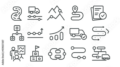 Line style icons of roadmap and delivery: roadmap view, delivery timeline, product milestone, roadmap marker, release phase, feature roadmap, progress update, timeline curve, delivery status, rollout