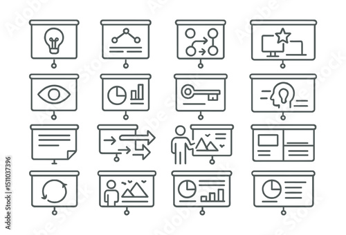 Line style icons of creative presentation: pitch deck, concept slide, story flow, hero slide, idea visual, diagram slide, key message slide, concept illustration, slide notes, creative transitions,