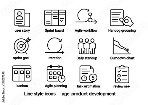Line style icons of agile product development: user story card, sprint board, agile workflow, backlog grooming, sprint goal, iteration icon, daily standup, burndown chart, kanban icon, agile planning