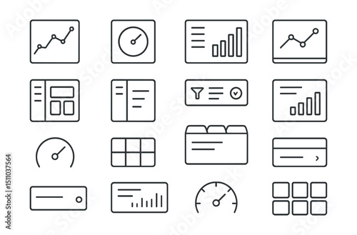 Line style icons of dashboard UI: analytics tile, KPI card, data widget, chart block, dashboard layout, sidebar nav, filter bar, summary block, stat overview, live data feed, performance meter, card