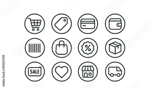 Line style icons of round e-commerce essentials: round shopping cart, round price tag, round credit card, round wallet icon, round barcode icon, round shopping bag, round discount badge, round
