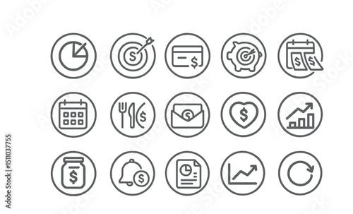 Line style icons of round personal finance: round budget tracker, round financial goal, round spend limit, round savings target, round recurring bills, round monthly planner, round expense category,
