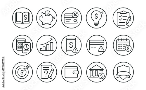 Line style icons of round financial literacy: round money book, round savings habit, round credit knowledge, round finance tip, round learn budget, round invest basics, round finance app, round debt