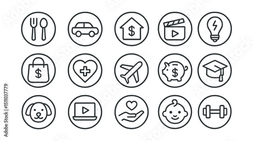 Line style icons of round budgeting categories: round food budget, round transport icon, round rent icon, round entertainment, round utilities icon, round shopping icon, round healthcare budget,