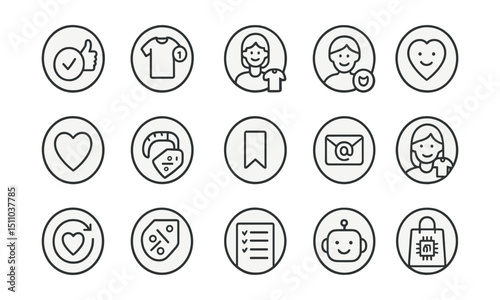 Line style icons of round shopper personalization: round recommendation icon, round suggested product, round style match, round user taste, round favorites tab, round personal size, round saved