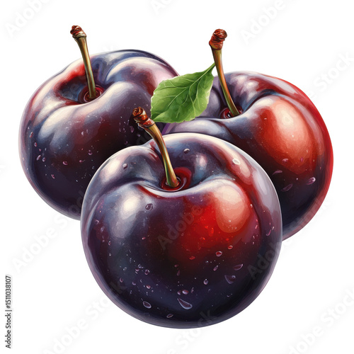 Three ripe plums with leaf on transparent background