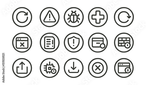 Line style icons of round system notifications: round system update, round software alert, round bug detected, round patch notice, round reboot required, round app crash, round error log, round