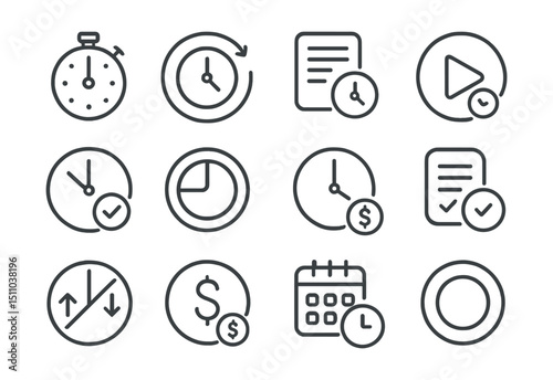 Line style icons of round time tracking: round stopwatch icon, round track time, round work log, round start task, round end task, round timer circle, round duration icon, round hourly rate, round