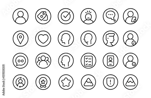 Line style icons of round personas and empathy: round user persona, round persona tag, round goal bubble, round frustration icon, round job story, round context icon, round motivation icon, round